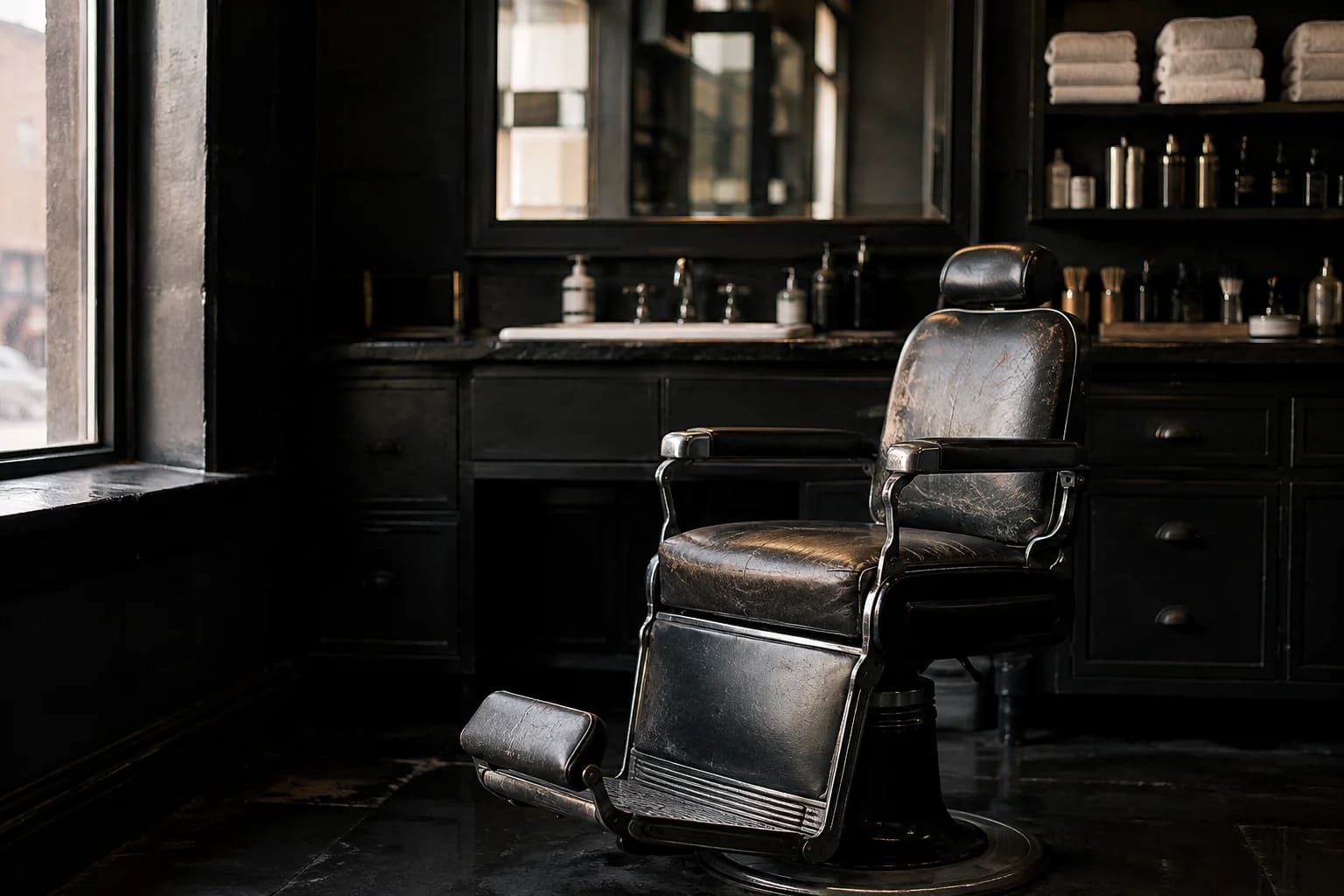 A traditional independent barbershop, a single worn charcoal leather barber chair, wall mirror and folded white towels, chrome details and side window light.
