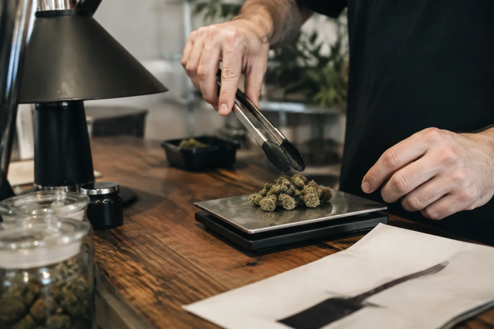 Only the hands and forearms of an adult budtender weighing dried flower on a plain metal scale at a wood counter; anatomically correct hands, no faces, no readable scale display.