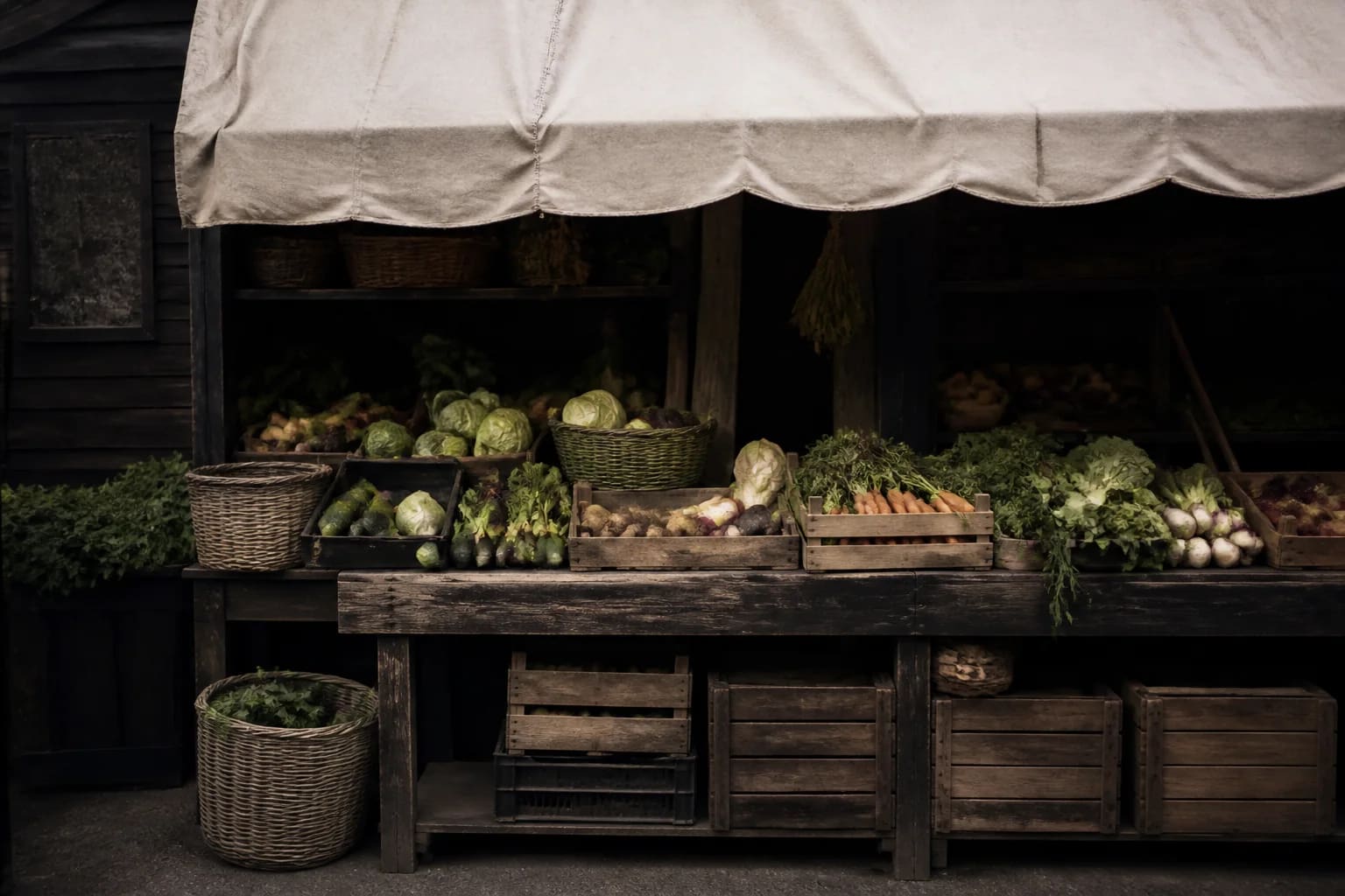 An independent outdoor market stall with crates of fresh produce and woven baskets under an off-white canvas awning, dark timber table, quiet early morning, no people.