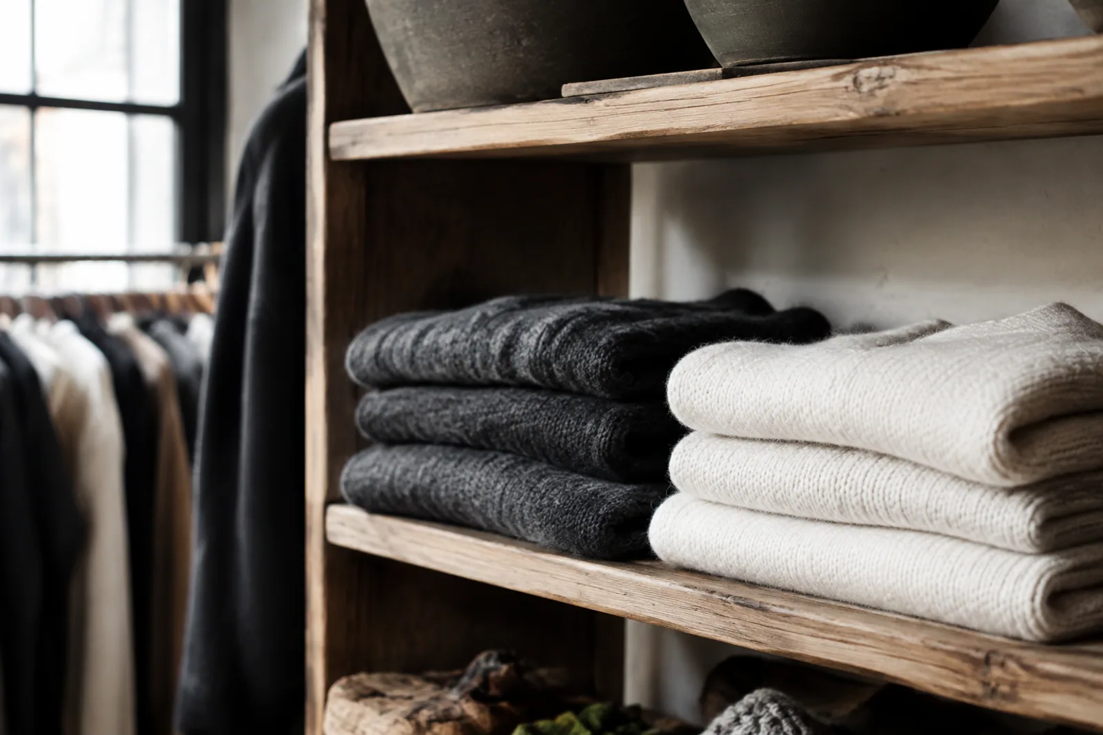 Folded charcoal and white knitwear on oak shelving in an independent boutique, tactile wool and lived-in detail, side window light, no people.