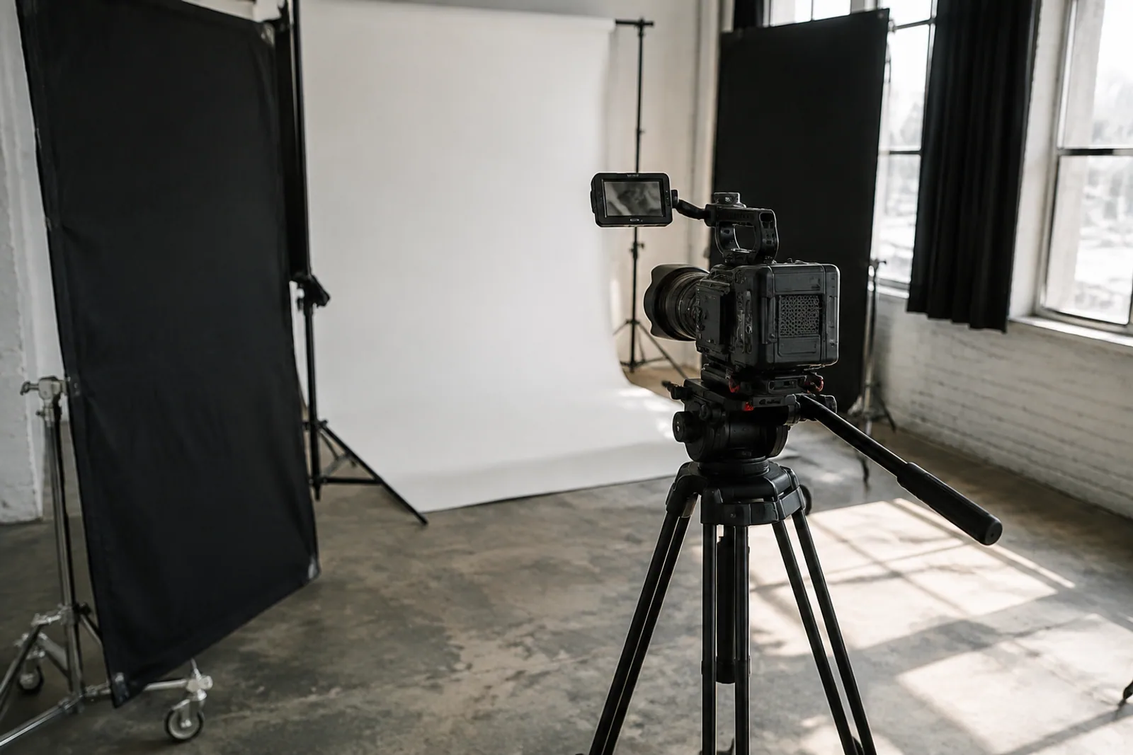 An unbranded cinema camera on a tripod in a small independent photo and production studio, white paper backdrop and black fabric flags, daylight, no people.