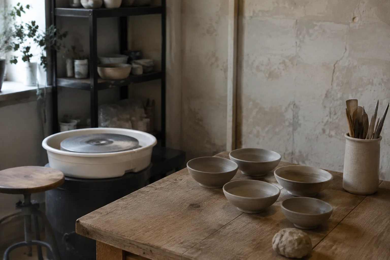 An independent ceramic artist's studio with a wheel and several simple unfired clay bowls on an oak worktable, chalky plaster and soft daylight.