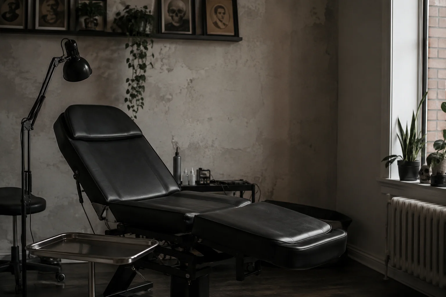 A clean independent tattoo studio with a charcoal adjustable tattoo chair, pale plaster wall, black task lamp and empty stainless tray, available window light.